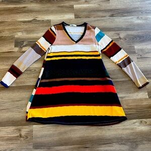 Gorilla Cat Women's Medium Tunic Top or Short Dress Tan Burgundy Stripe Retro